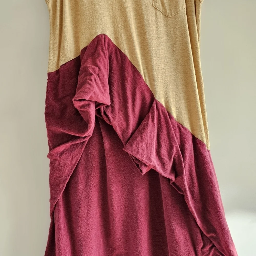 COVEN Brasil Color Block Draped Asymmetric Hem Midi Dress, Tan Burgundy , Size S